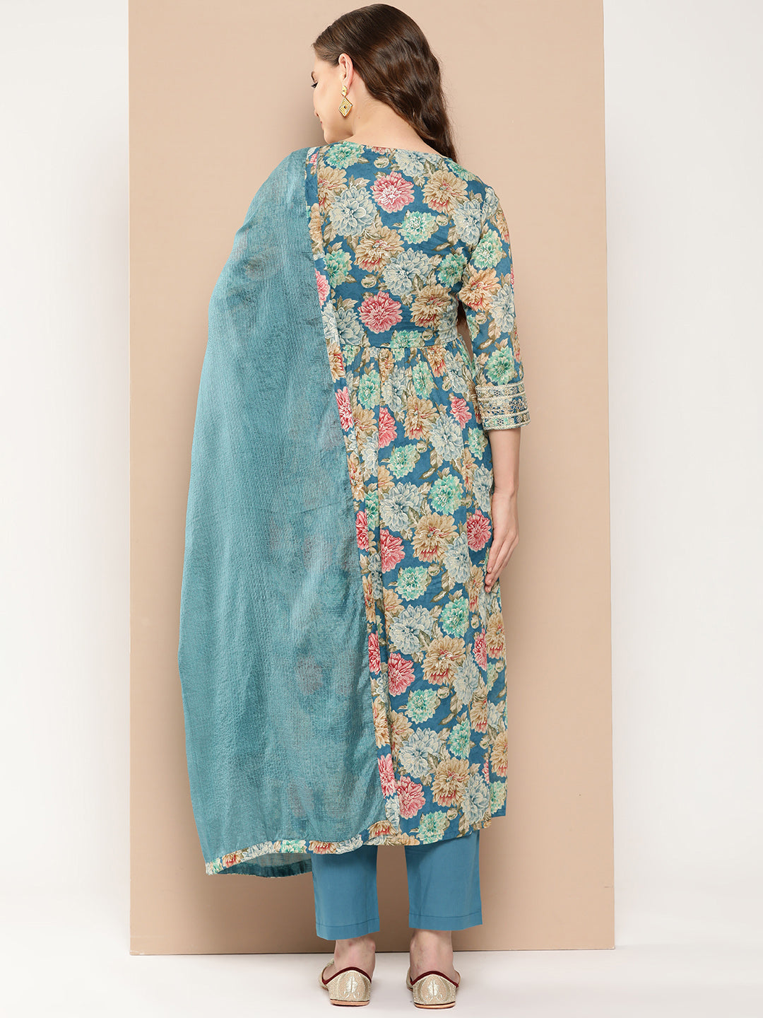 Floral Printed Pleated Patchwork Pure Cotton Kurta with Trousers & Dupatta-Yufta Store-1404SKDTBS