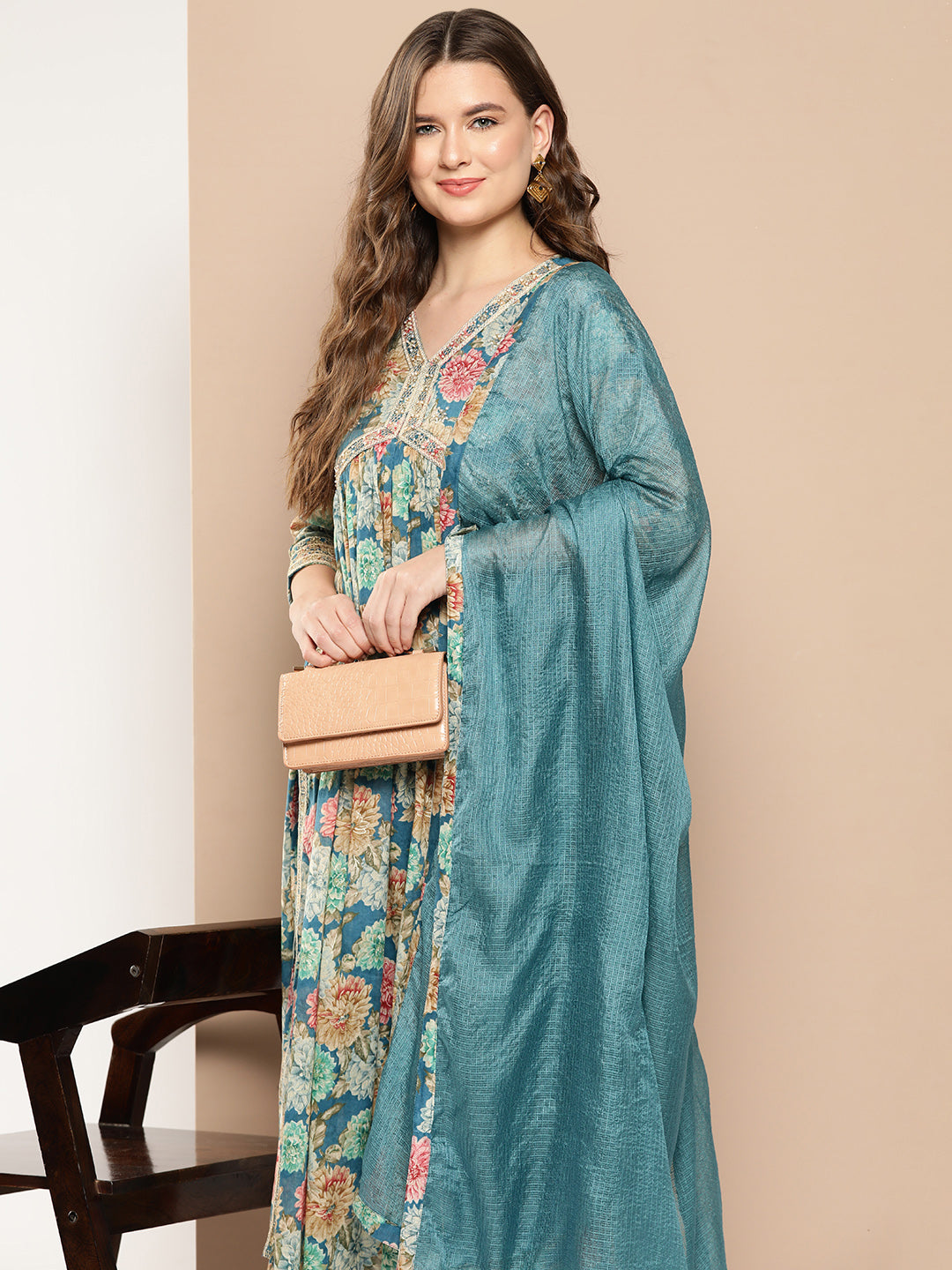 Floral Printed Pleated Patchwork Pure Cotton Kurta with Trousers & Dupatta-Yufta Store-1404SKDTBS