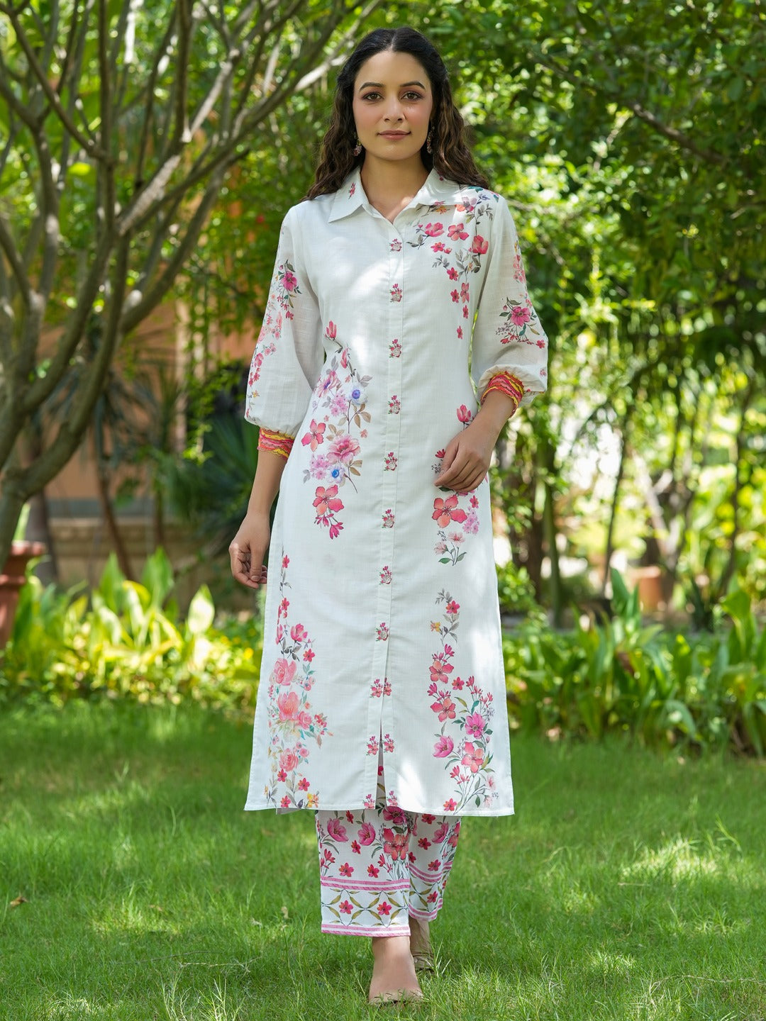 Floral Printed Pure Cotton Kurta With Trousers Co-Ords-Yufta Store-1488CRDPKS