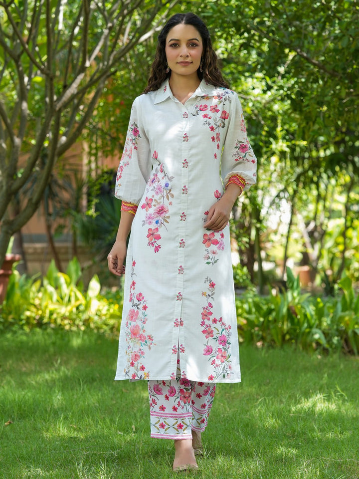 Floral Printed Pure Cotton Kurta With Trousers Co-Ords-Yufta Store-1488CRDPKS