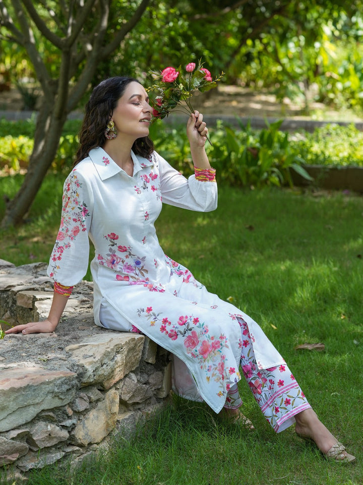 Floral Printed Pure Cotton Kurta With Trousers Co-Ords-Yufta Store-1488CRDPKS