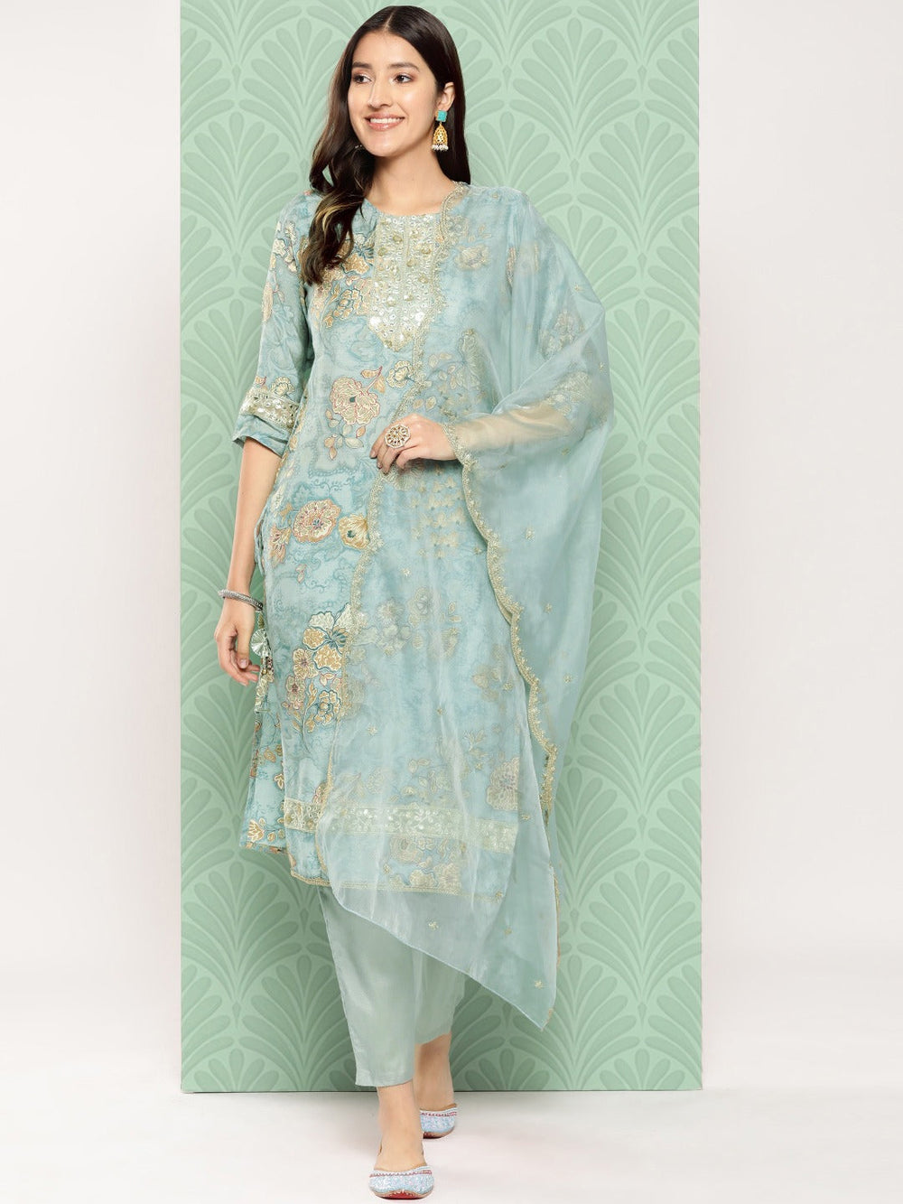 Floral Printed Regular Chanderi Silk Kurta with Trousers & Dupatta-Yufta Store-1536SKDBLS