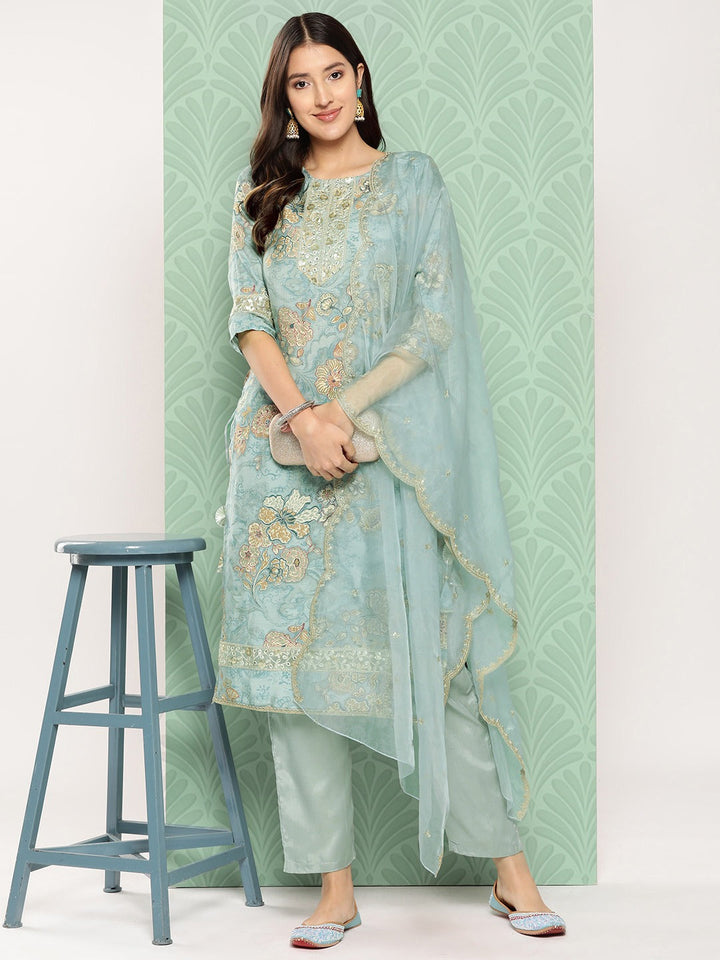 Floral Printed Regular Chanderi Silk Kurta with Trousers & Dupatta-Yufta Store-1536SKDBLS