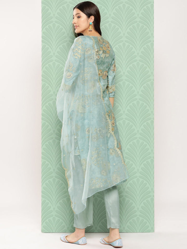 Floral Printed Regular Chanderi Silk Kurta with Trousers & Dupatta-Yufta Store-1536SKDBLS