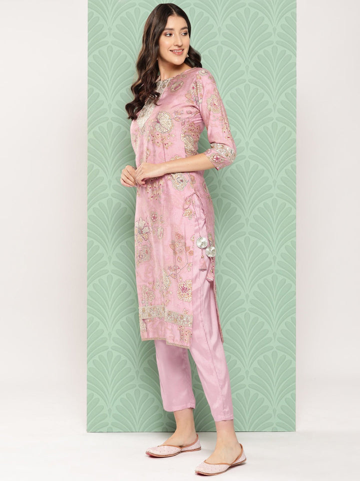 Floral Printed Regular Pure Silk Kurta with Trousers & With Dupatta-Yufta Store-1536SKDPKS