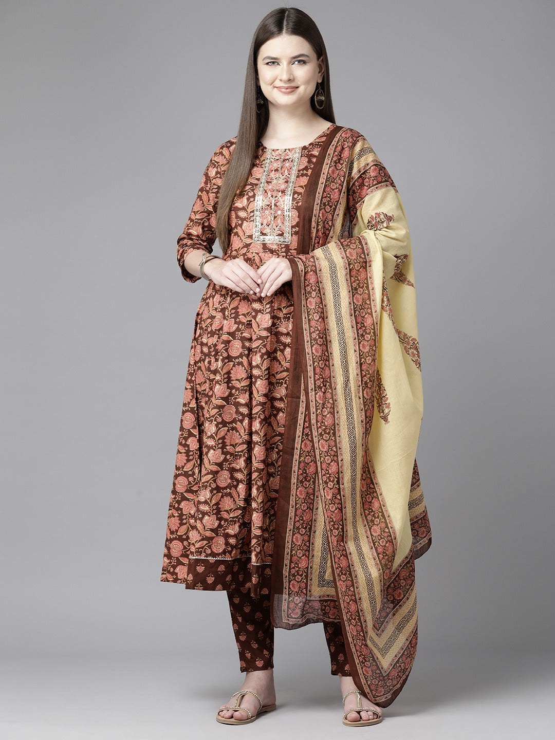 Floral Printed Regular Sequined Pure Cotton Kurta with Trousers & Dupatta-Yufta Store-1563SKDBRS