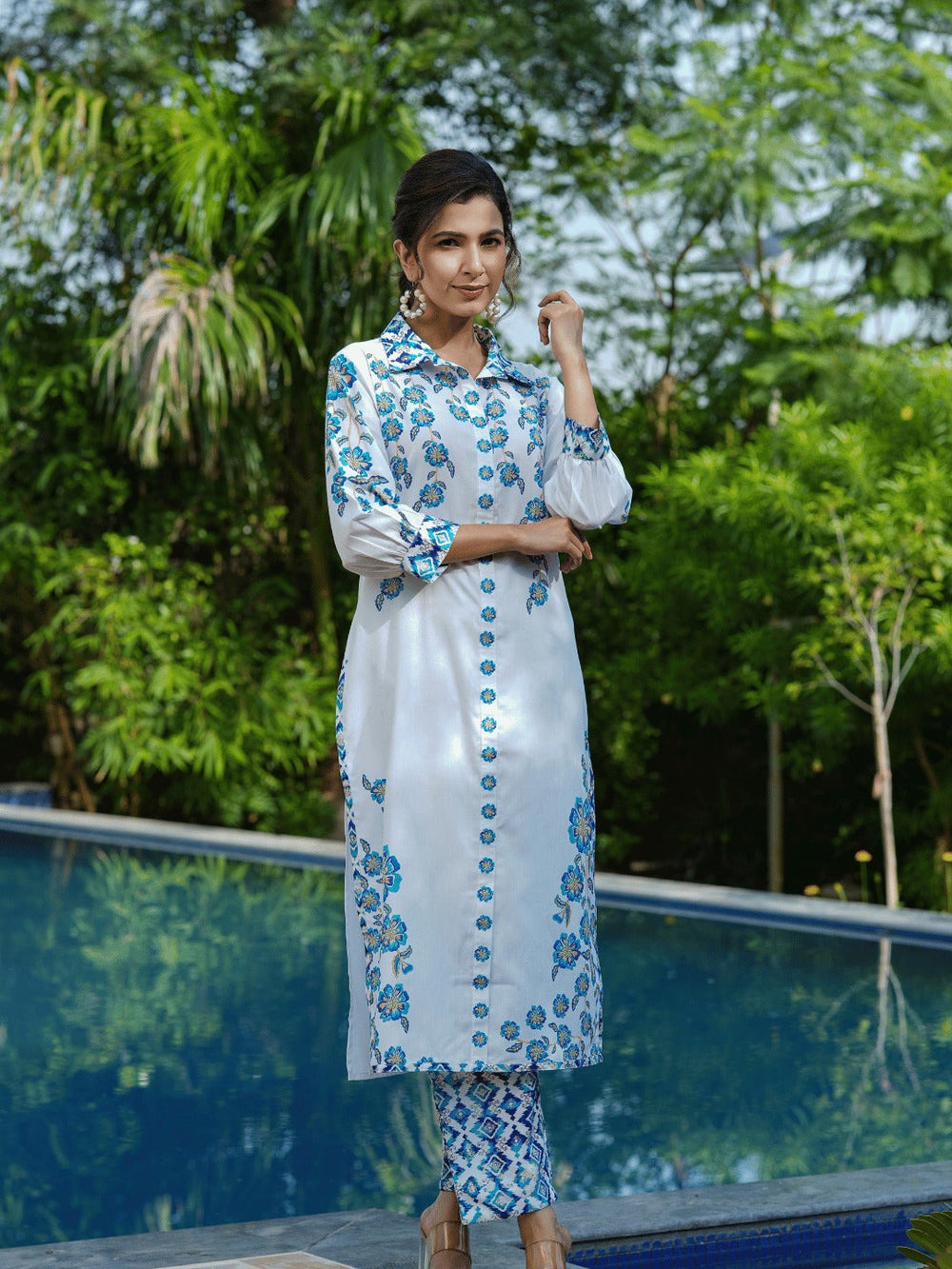 Floral Printed V-Neck Puff Sleeves Pure Cotton Kurta with Trousers-Yufta Store-1487CRDBLS