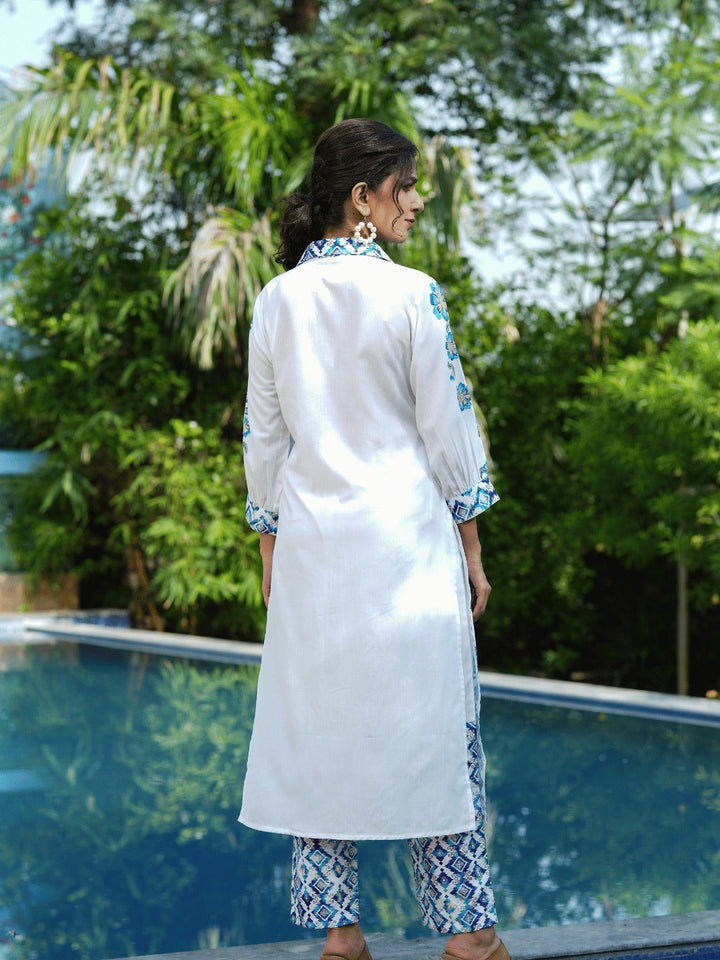 Blue White Printed Pure Cotton Kurta with Trousers-Yufta Store-1487CRDBLS