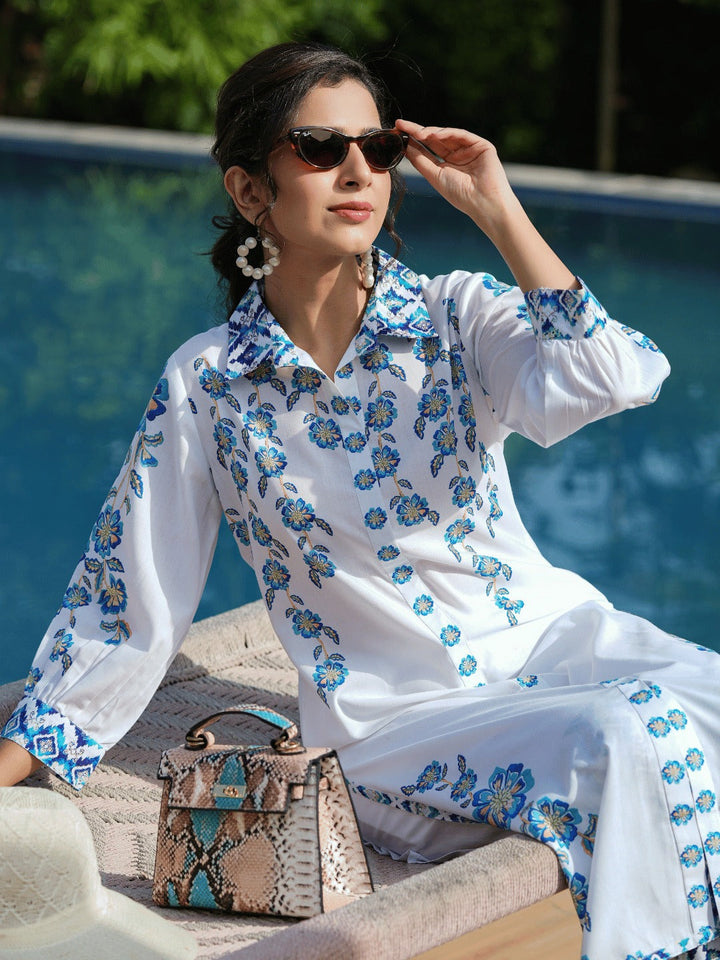 Floral Printed V-Neck Puff Sleeves Pure Cotton Kurta with Trousers-Yufta Store-1487CRDBLS