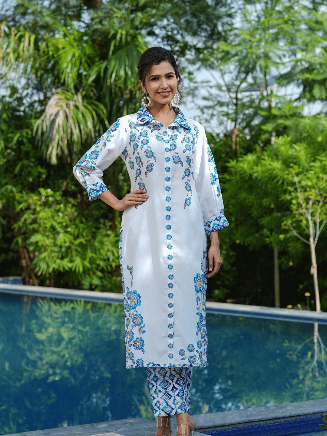 Blue White Printed Pure Cotton Kurta with Trousers-Yufta Store-1487CRDBLS