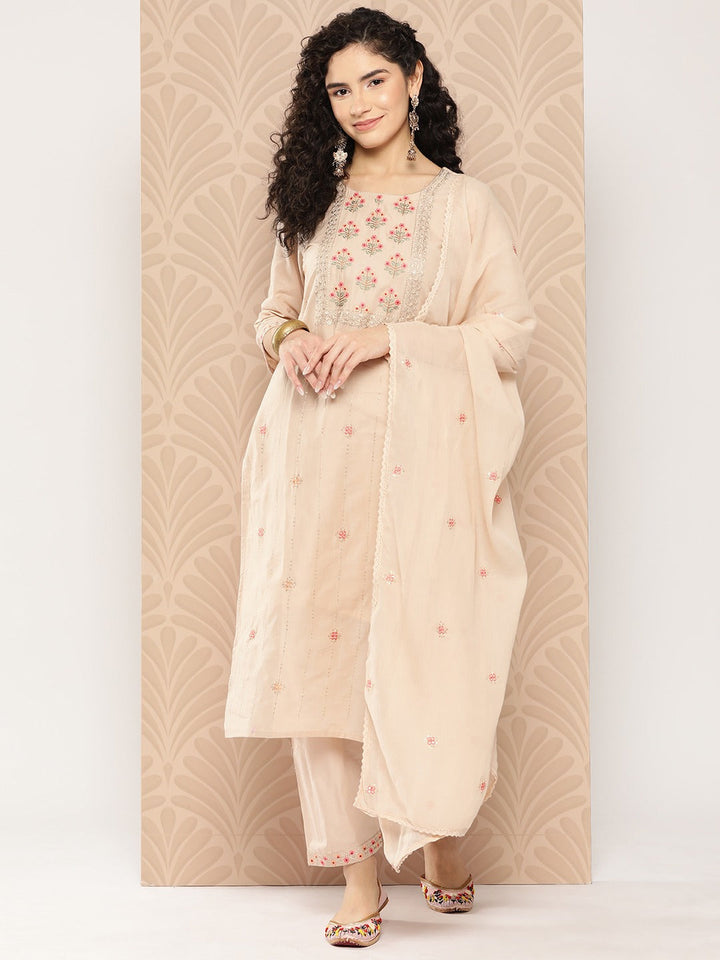 Floral Thread Work Cotton Kurta Dupatta Set-Yufta Store-1292SKDBGS