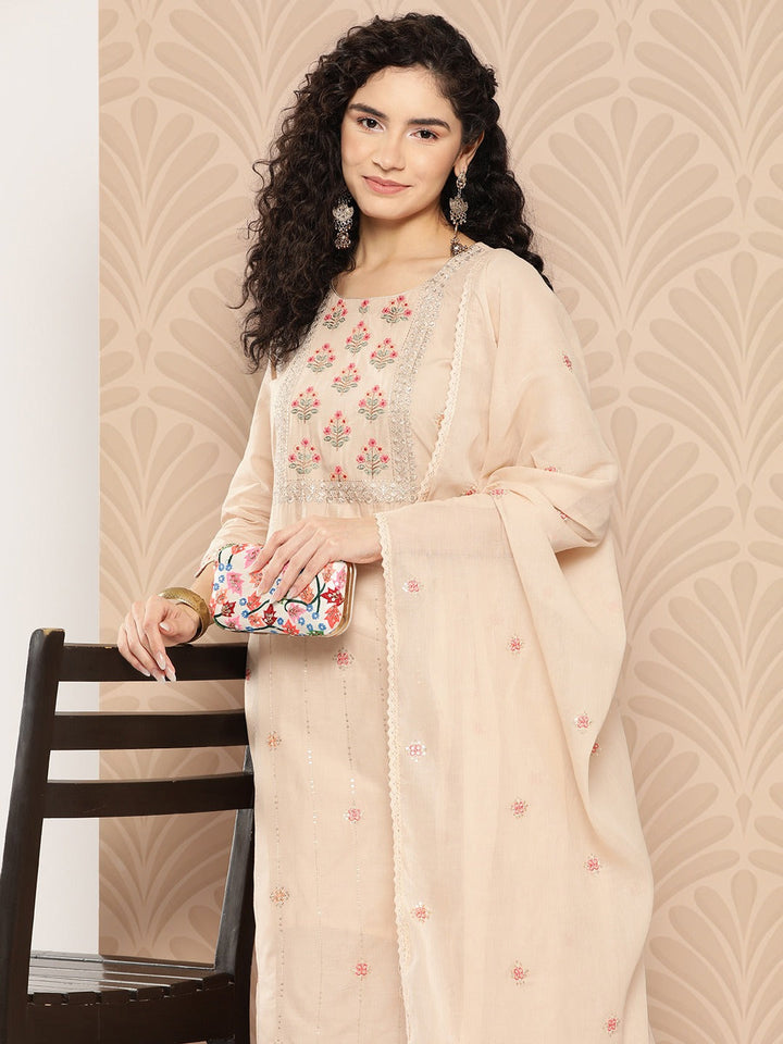 Floral Thread Work Cotton Kurta Dupatta Set-Yufta Store-1292SKDBGS