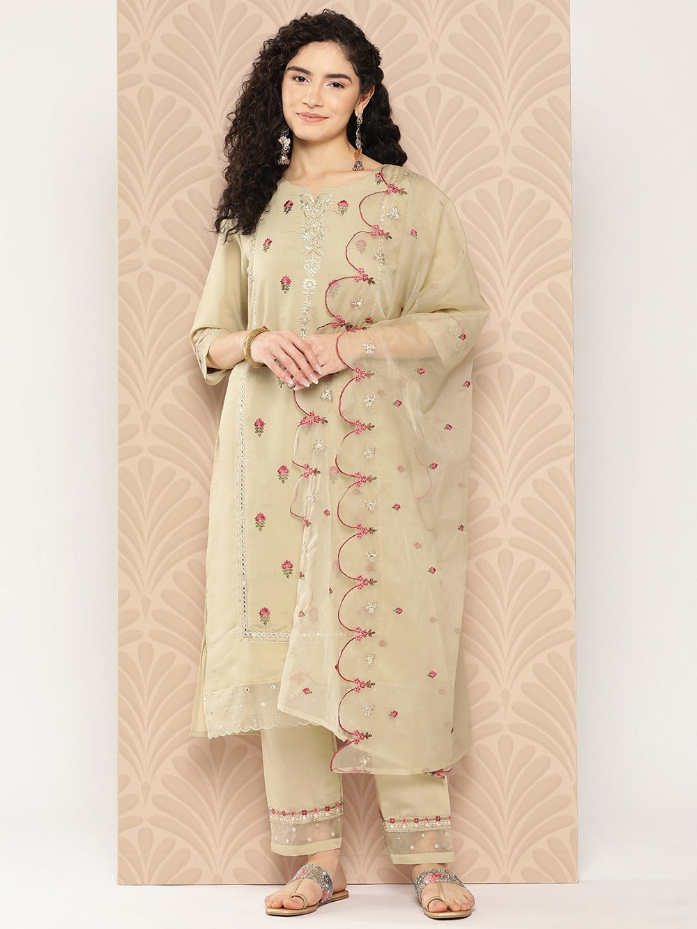 Floral Thread Work Kurta Dupatta Set-Yufta Store-1291SKDOLS