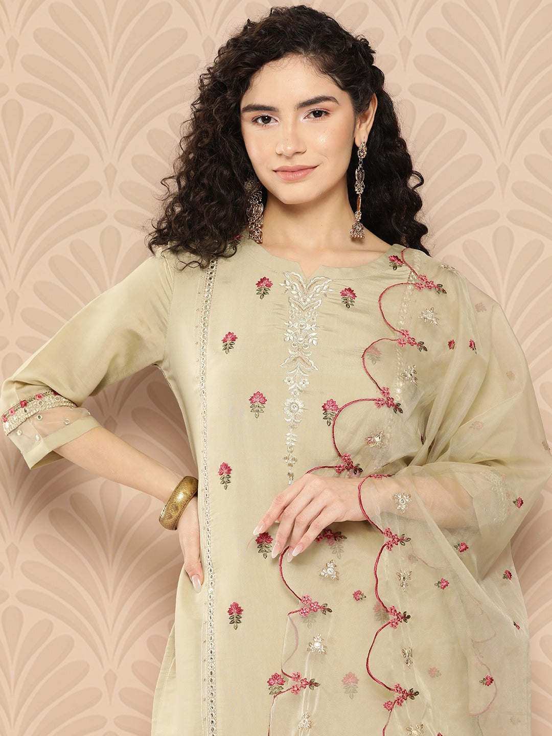 Floral Thread Work Kurta Dupatta Set-Yufta Store-1291SKDOLS