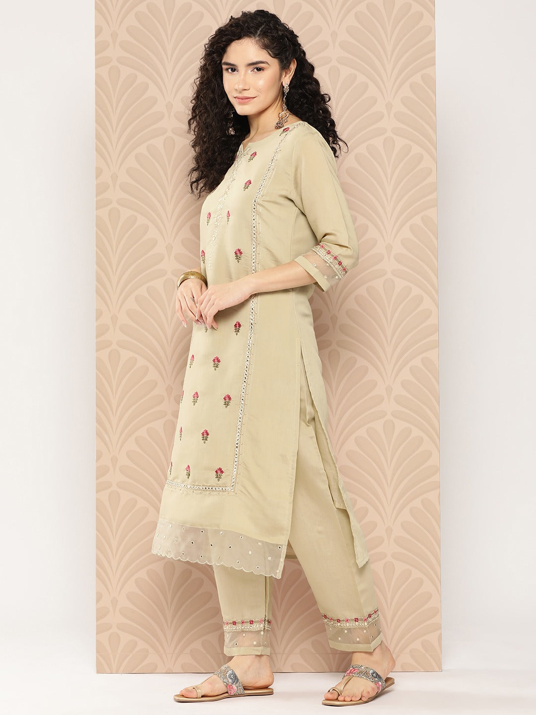 Floral Thread Work Kurta Dupatta Set-Yufta Store-1291SKDOLS