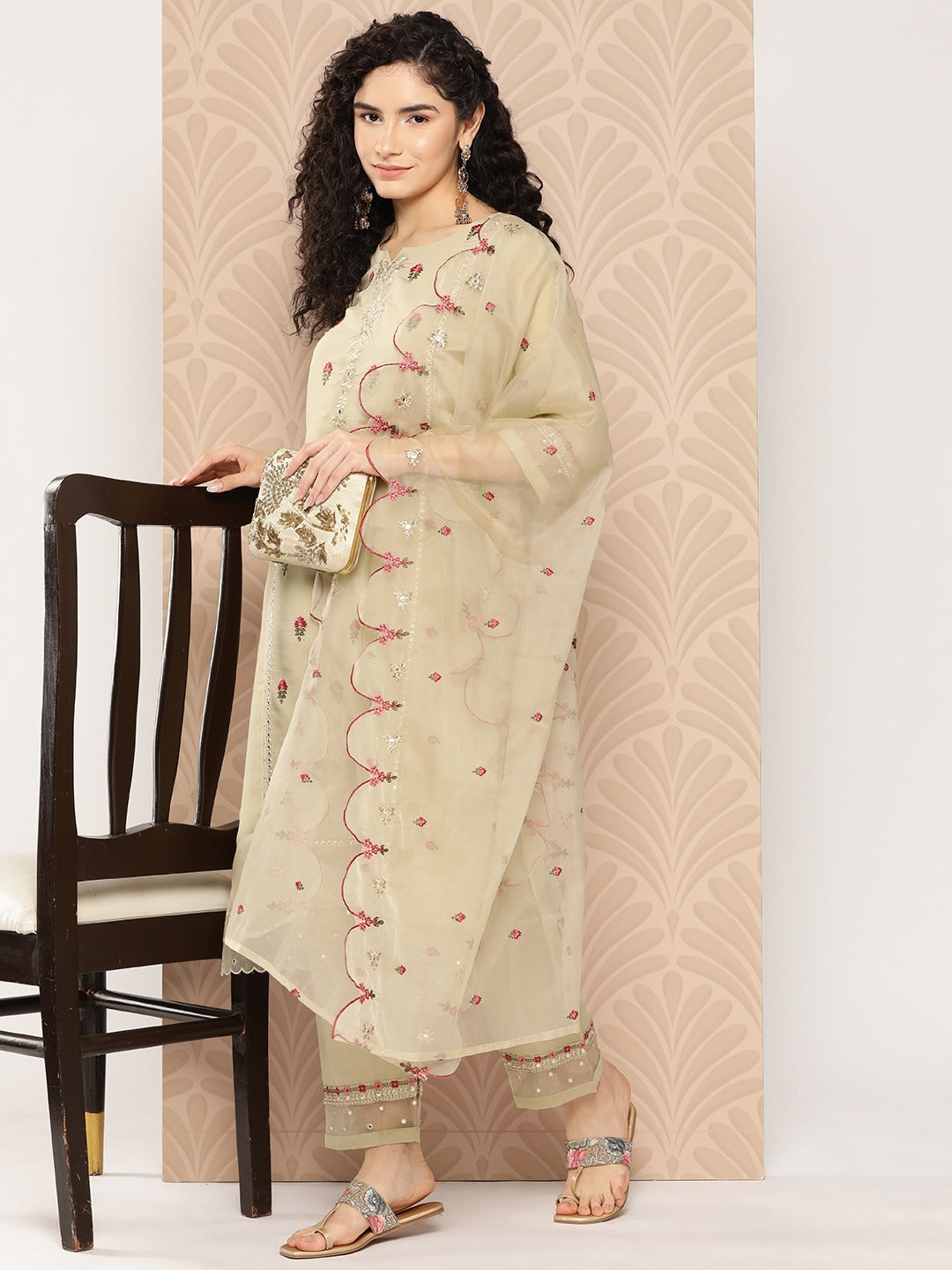 Floral Thread Work Kurta Dupatta Set-Yufta Store-1291SKDOLS