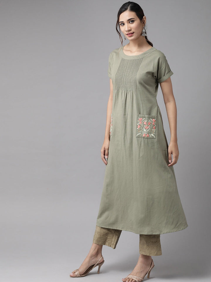 Green A-Line Kurta-Yufta Store-7659KURGRS