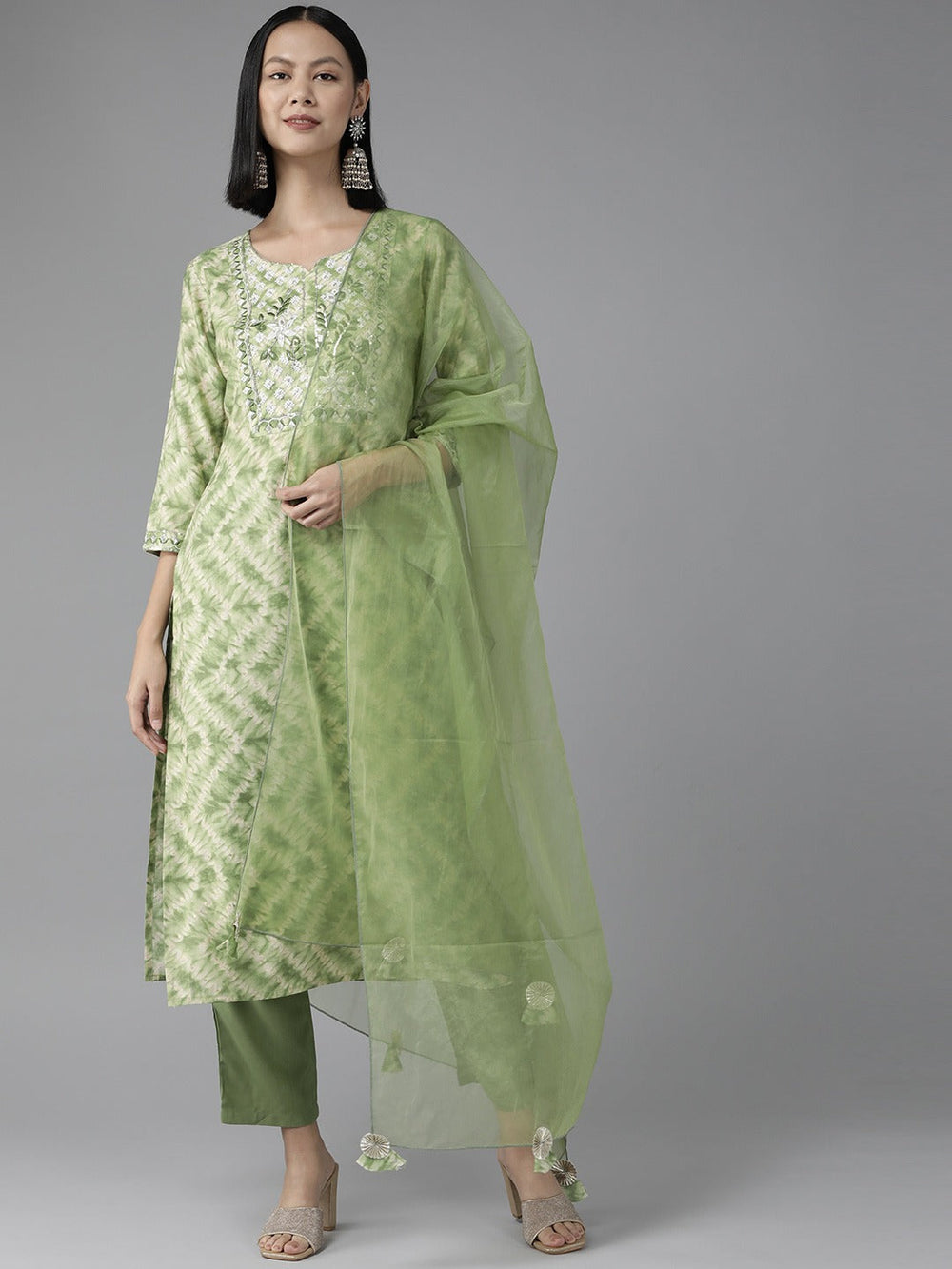 Green Bandhani Dupatta Set-Yufta Store-9971SKDGRS