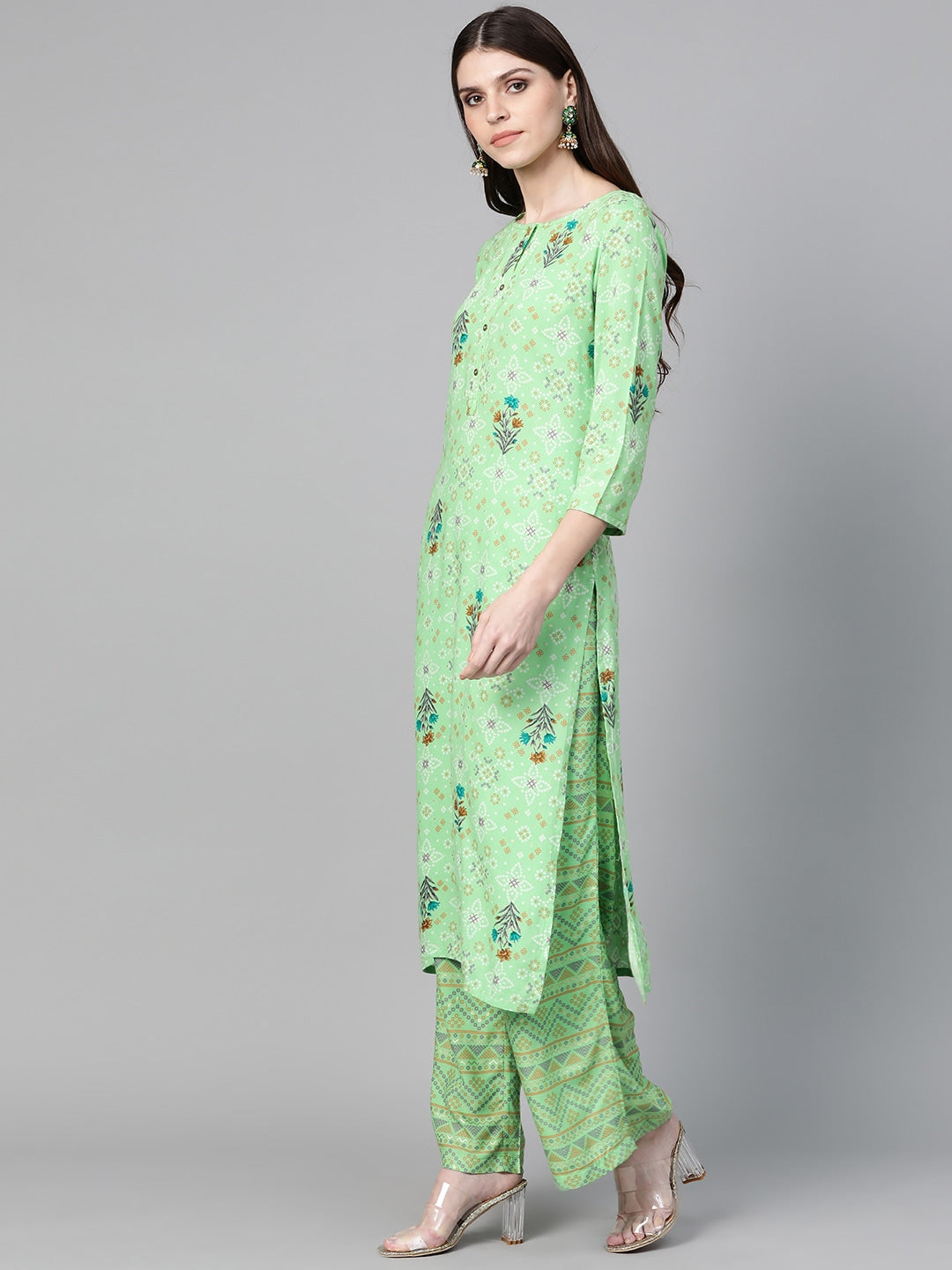 Green & Beige Printed Kurta Set-Yufta Store-7433SETGRSS