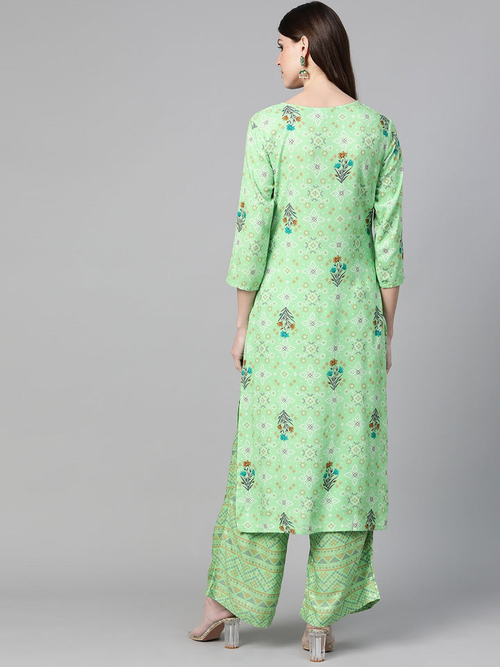 Green & Beige Printed Kurta Set-Yufta Store-7433SETGRSS