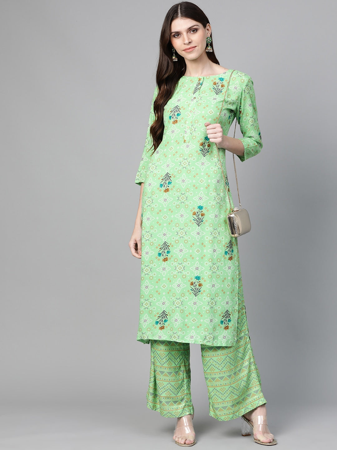 Green & Beige Printed Kurta Set-Yufta Store-7433SETGRSS