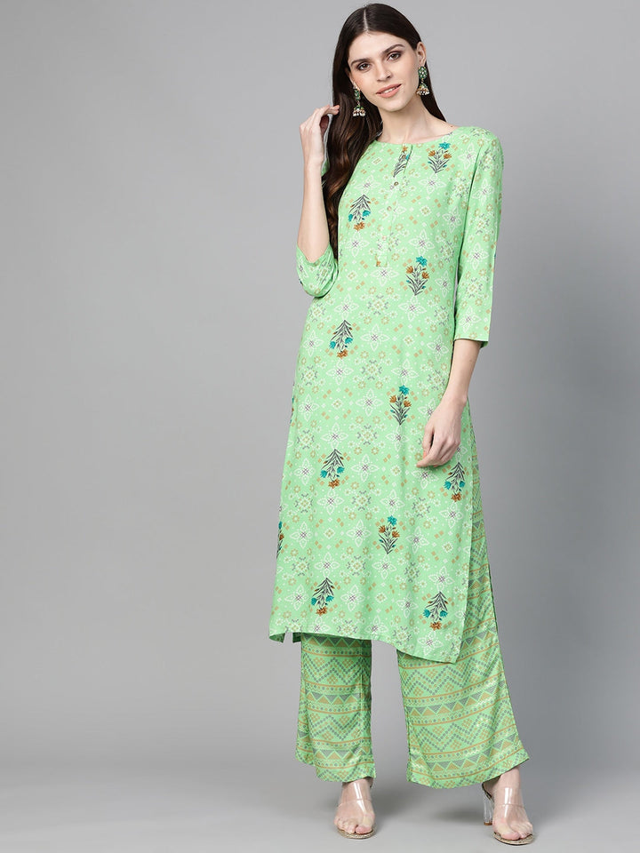 Green & Beige Printed Kurta Set-Yufta Store-7433SETGRSS