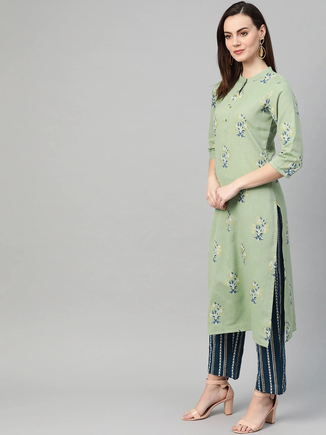 Green & Blue Printed Kurta Set-Yufta Store-7415SETGRS