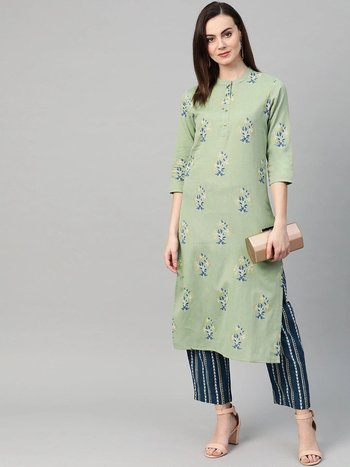 Green & Blue Printed Kurta Set-Yufta Store-7415SETGRS