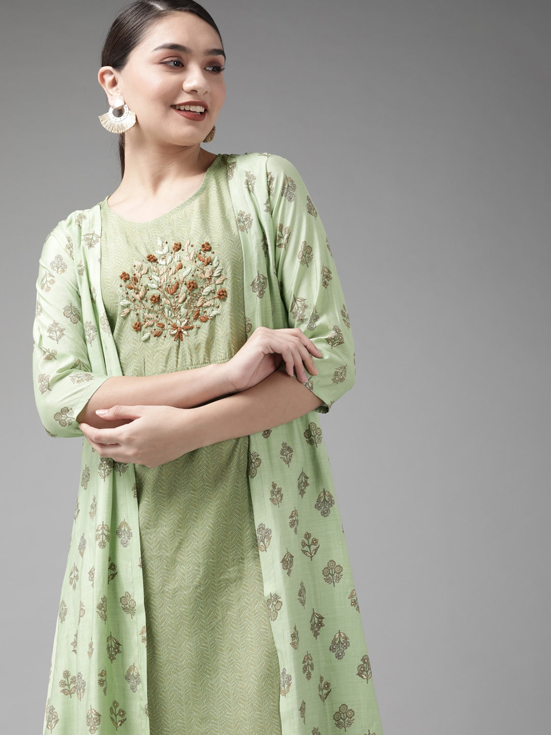 Green & Brown Floral Print Ethnic Dress with Jacket-Yufta Store-4607DRSGRS