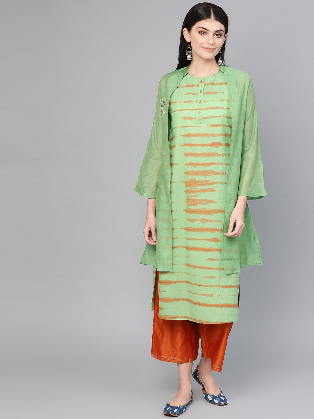 Green & Brown Straight Kurta-Yufta Store-995KURGRS