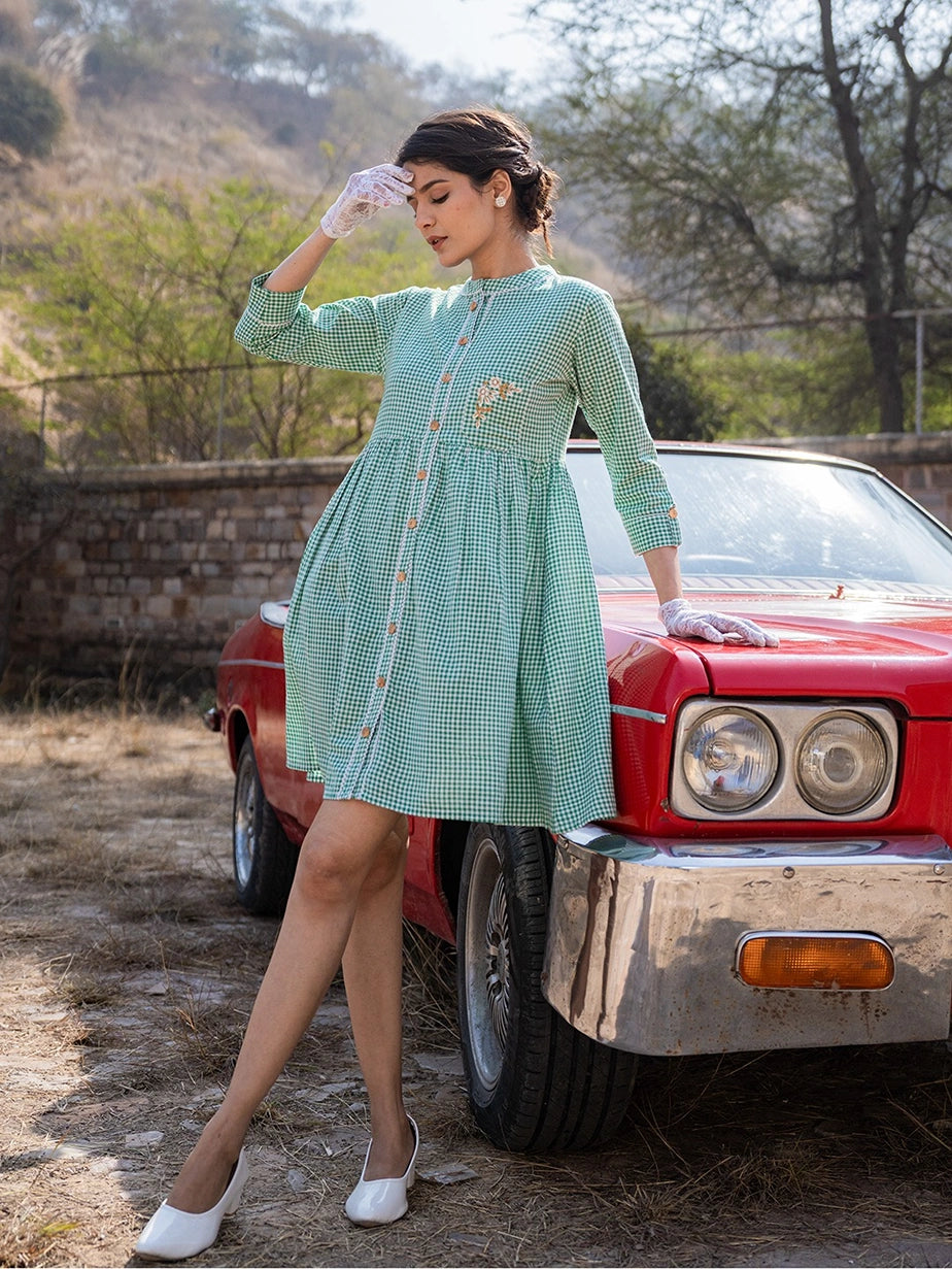 Green Checked Dress-Yufta Store-1495DRSGRS