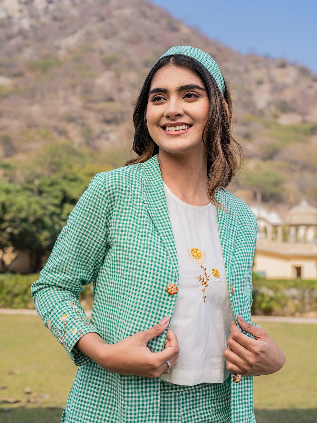 Green Cotton Checks Print Co-Ord Set With Embroidery-Yufta Store-1508CRDGRS