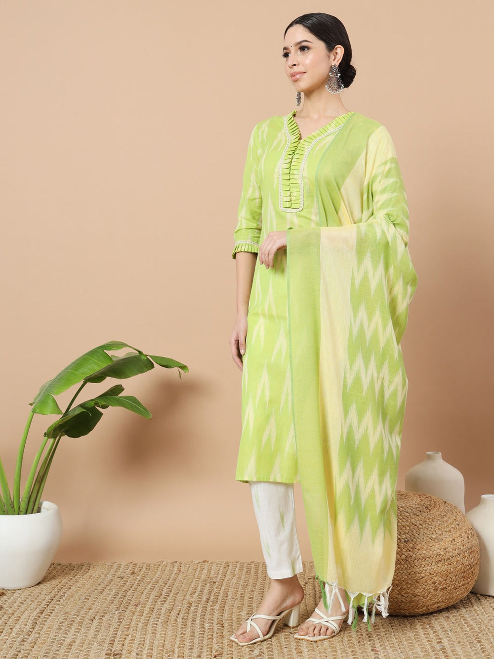 Green Cotton Ikat Kurta Dupatta Set-Yufta Store-1893SKDGRS