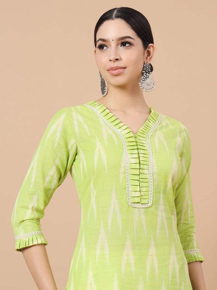 Green Cotton Ikat Kurta Dupatta Set-Yufta Store-1893SKDGRS