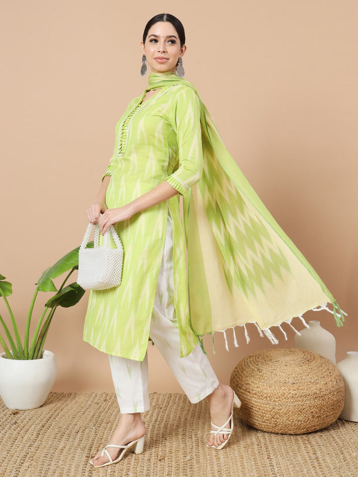 Green Cotton Ikat Kurta Dupatta Set-Yufta Store-1893SKDGRS