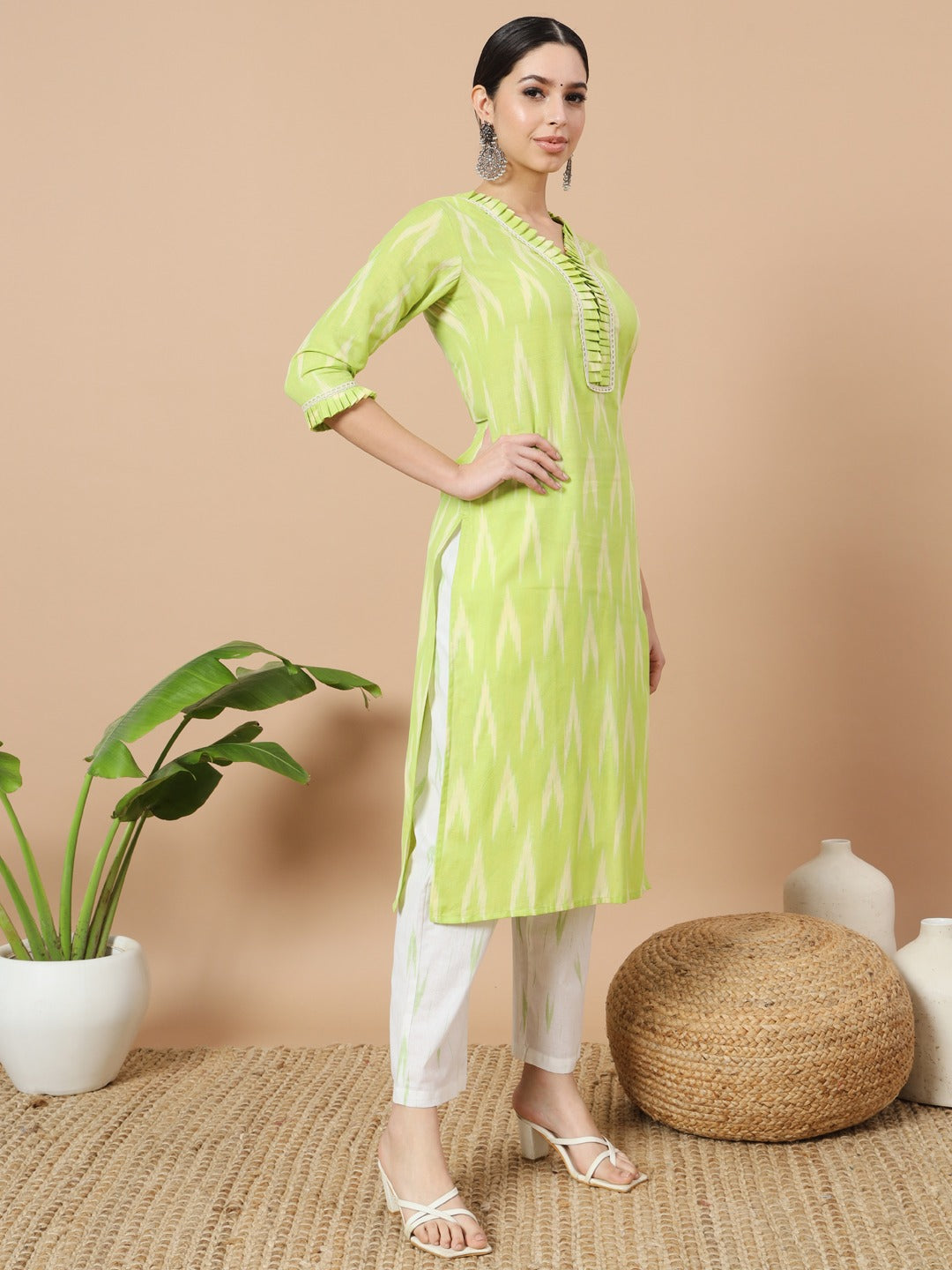 Green Cotton Ikat Kurta Dupatta Set-Yufta Store-1893SKDGRS