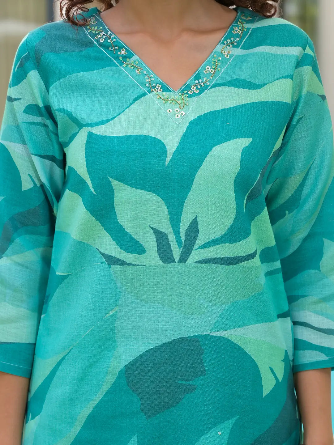 Green Digital Leaf Print Linen Cotton Have A Lining Kurta Trouser And Dupatta Set