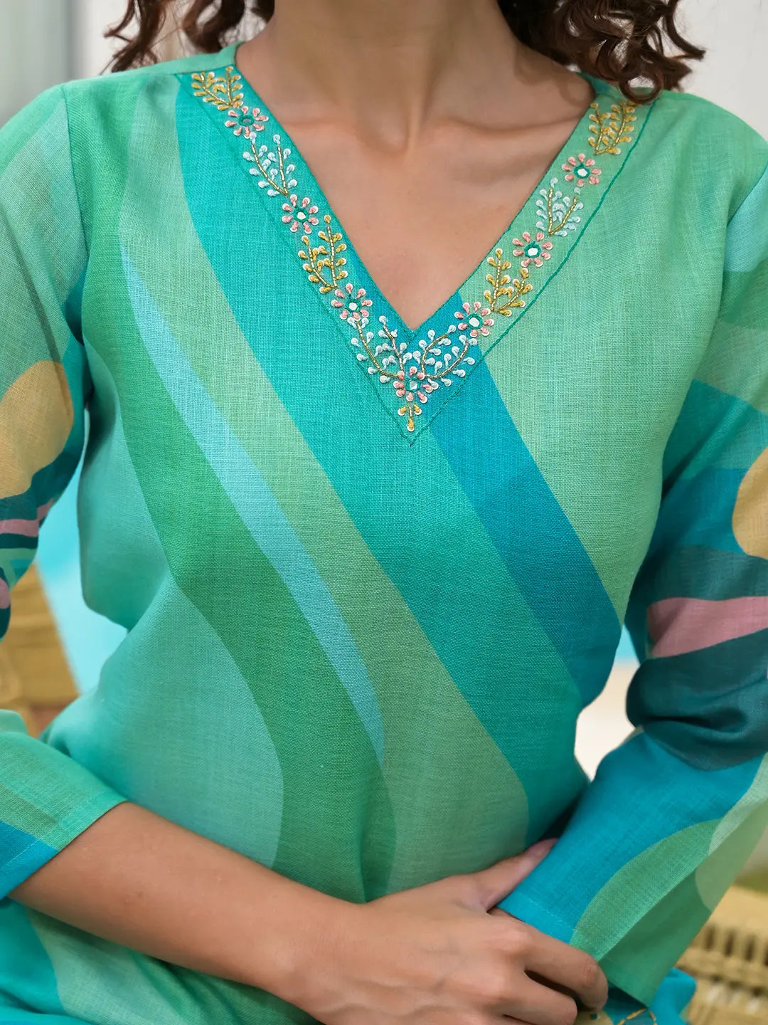 Green Digital Print Linen Cotton Have A Lining Kurta Trouser And Dupatta Set