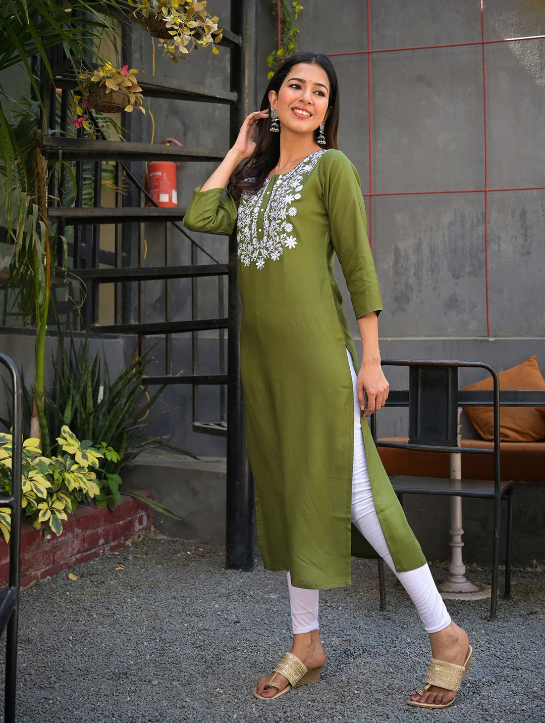 Green Embroidered Kurta-Yufta Store-7714KURGRS