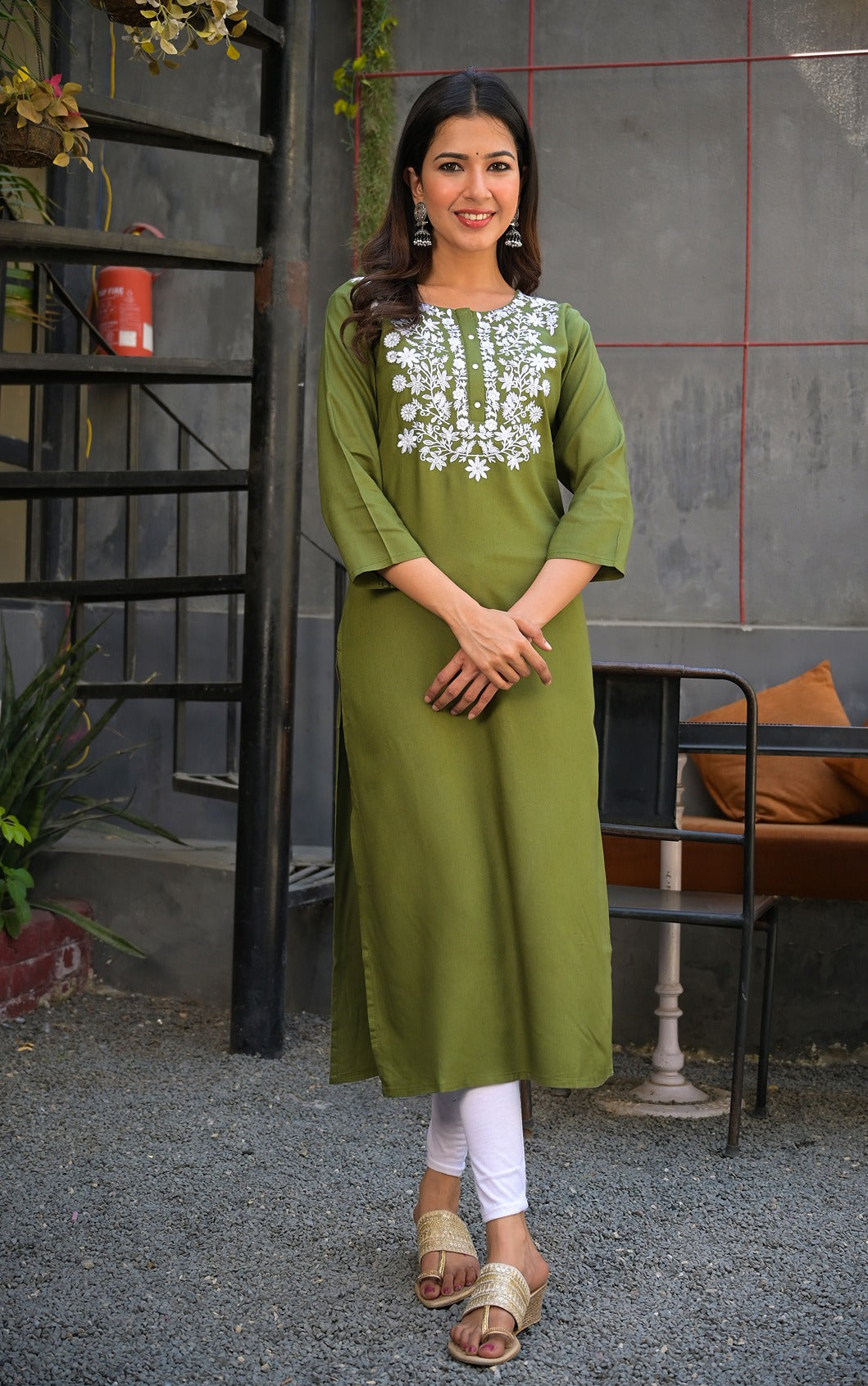 Green Embroidered Kurta-Yufta Store-7714KURGRS