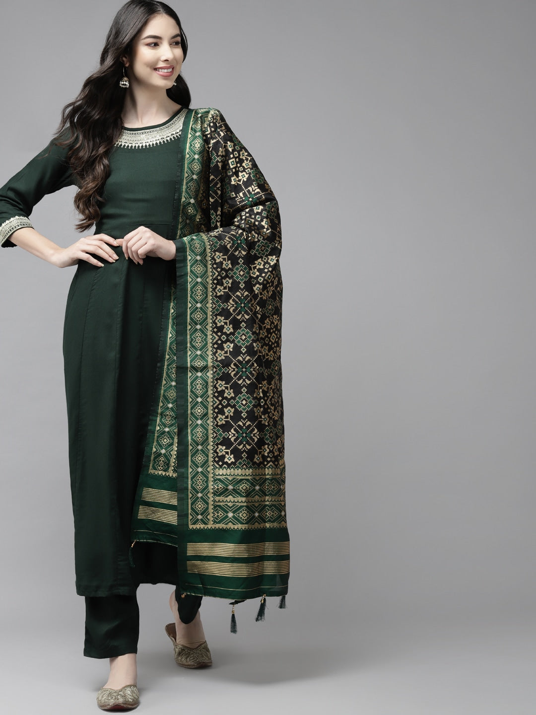 Green Ethnic Dupatta Set-Yufta Store-9221SKDGRS