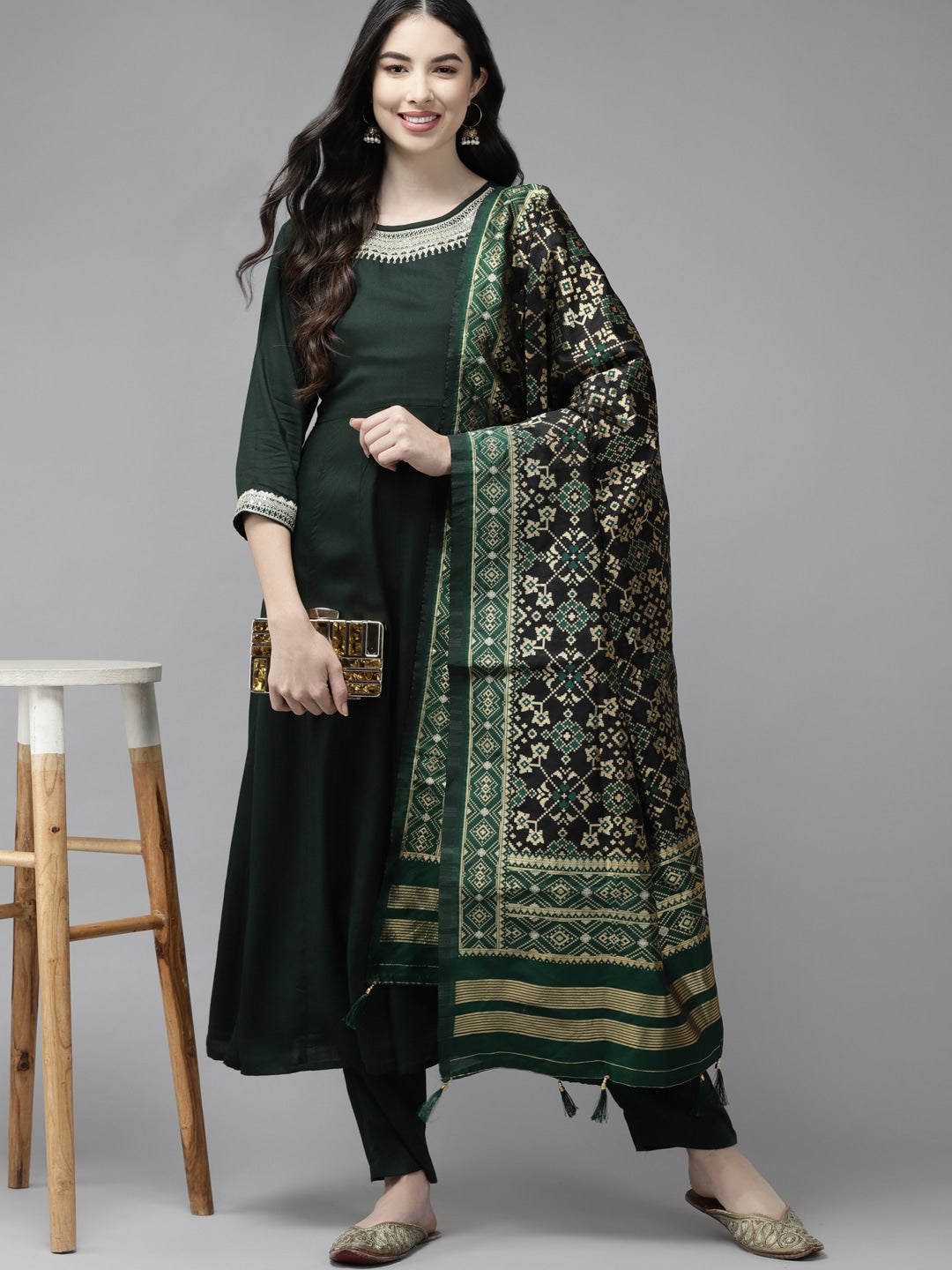 Green Ethnic Dupatta Set-Yufta Store-9221SKDGRS