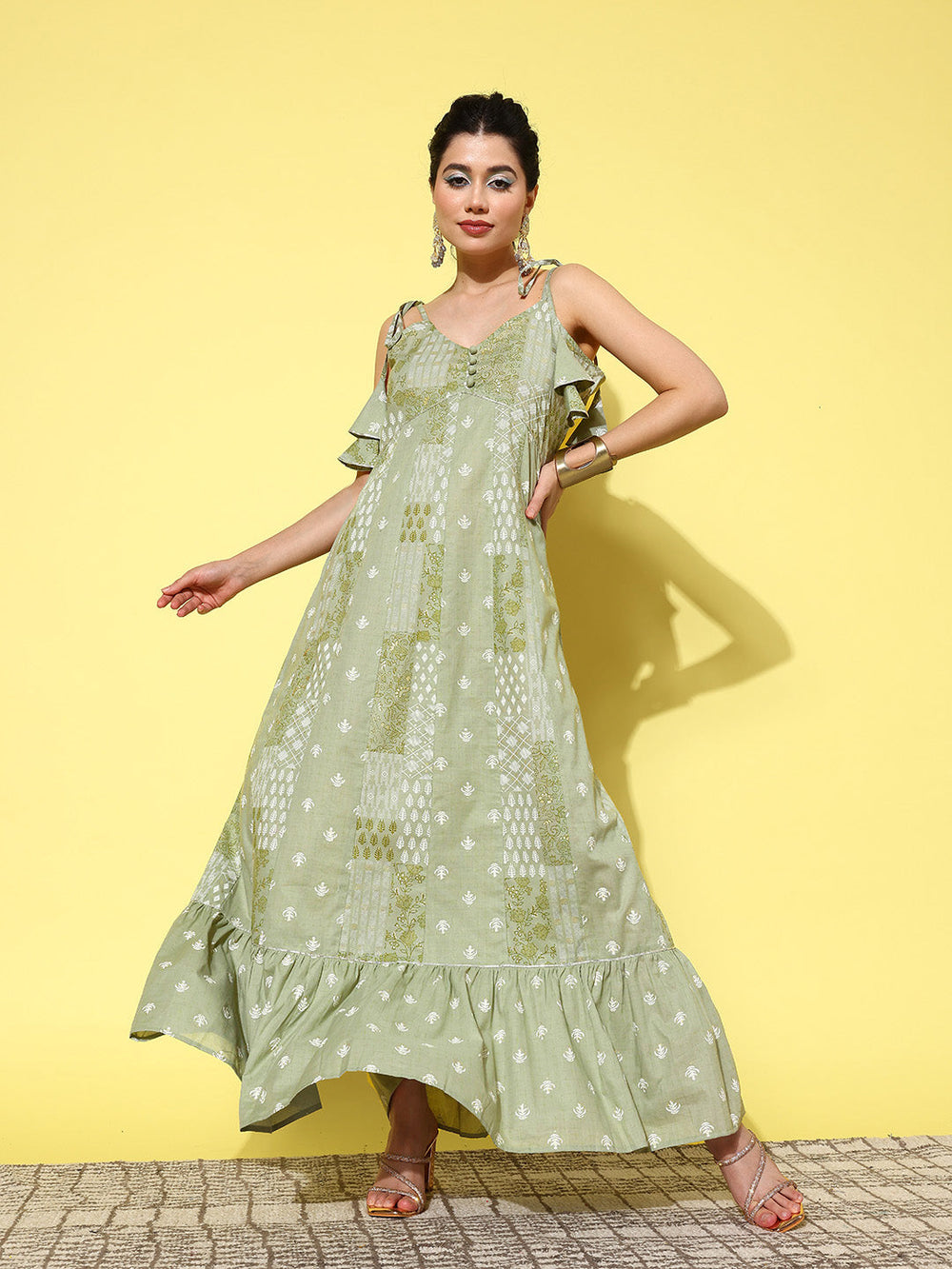 Green Ethnic Motifs Print Cotton A-Line Maxi Dress