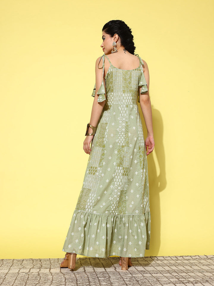 Green Ethnic Motifs Print Cotton A-Line Maxi Dress-Yufta Store-1441DRSGRS