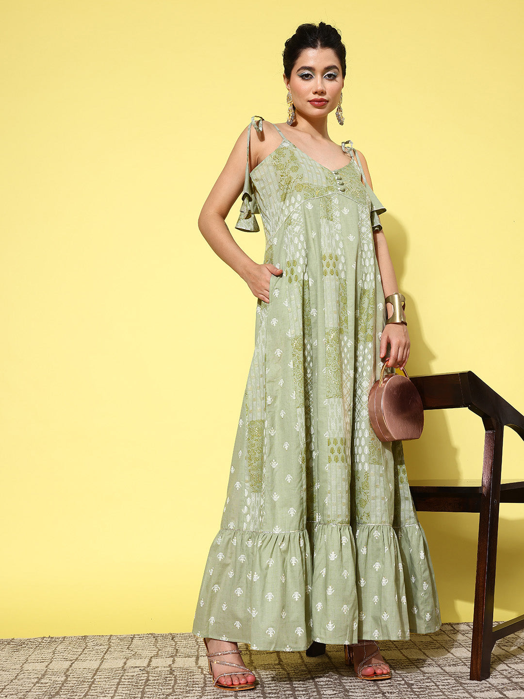 Green Ethnic Motifs Print Cotton A-Line Maxi Dress-Yufta Store-1441DRSGRS