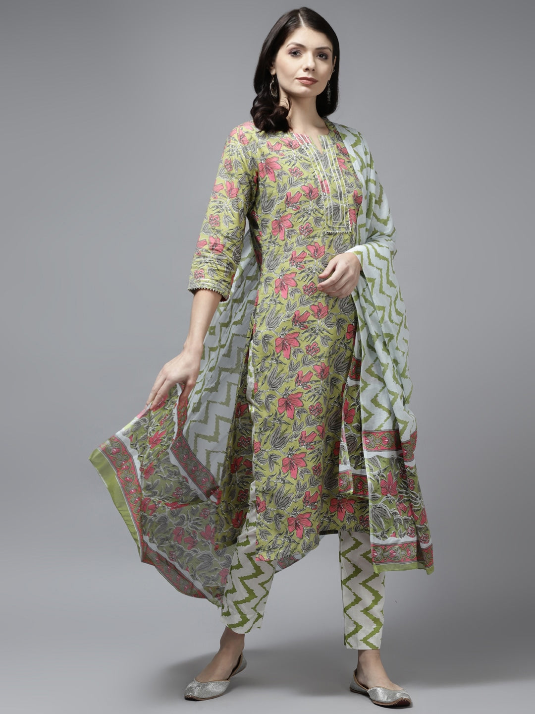 Green Ethnic Motifs Printed Dupatta Set-Yufta Store-9797SKDGRS