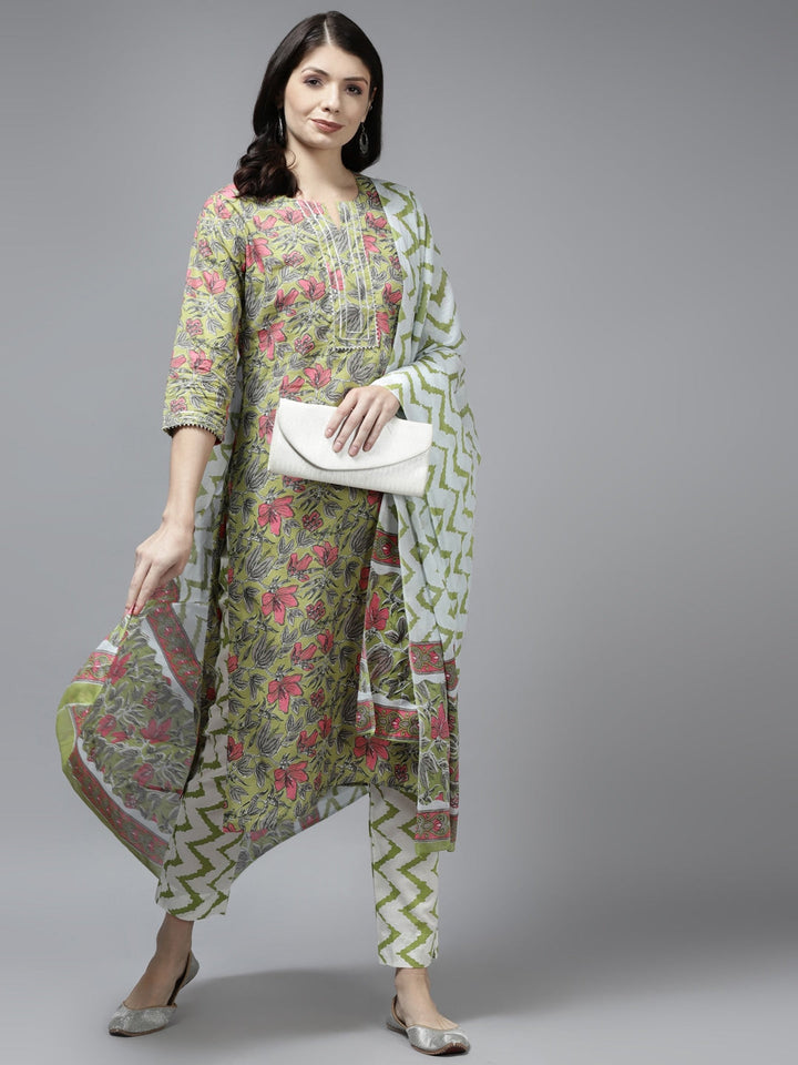 Green Ethnic Motifs Printed Dupatta Set-Yufta Store-9797SKDGRS