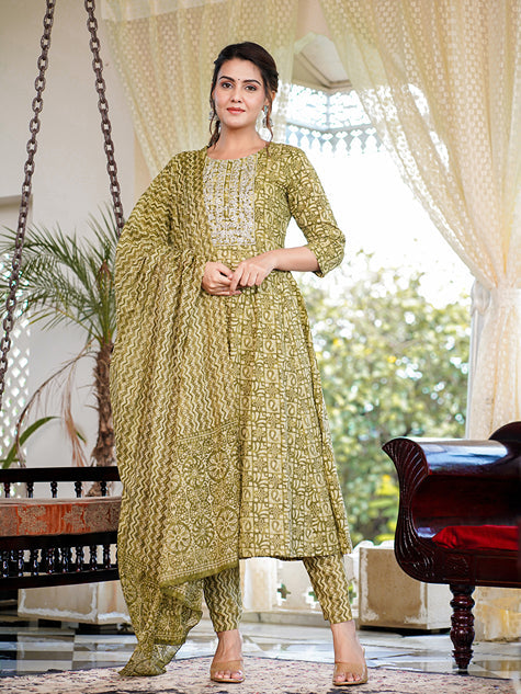 Green Ethnic Motifs Printed Regular Thread Work Pure Cotton Kurta with Trousers & With Dupatta