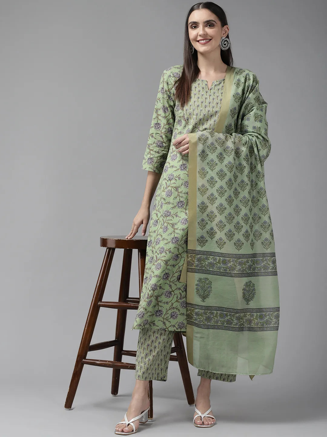 Green Ethnic Printed Dupatta Set-Yufta Store-9377SKDGRS