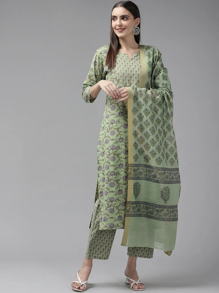 Green Ethnic Printed Dupatta Set-Yufta Store-9377SKDGRS